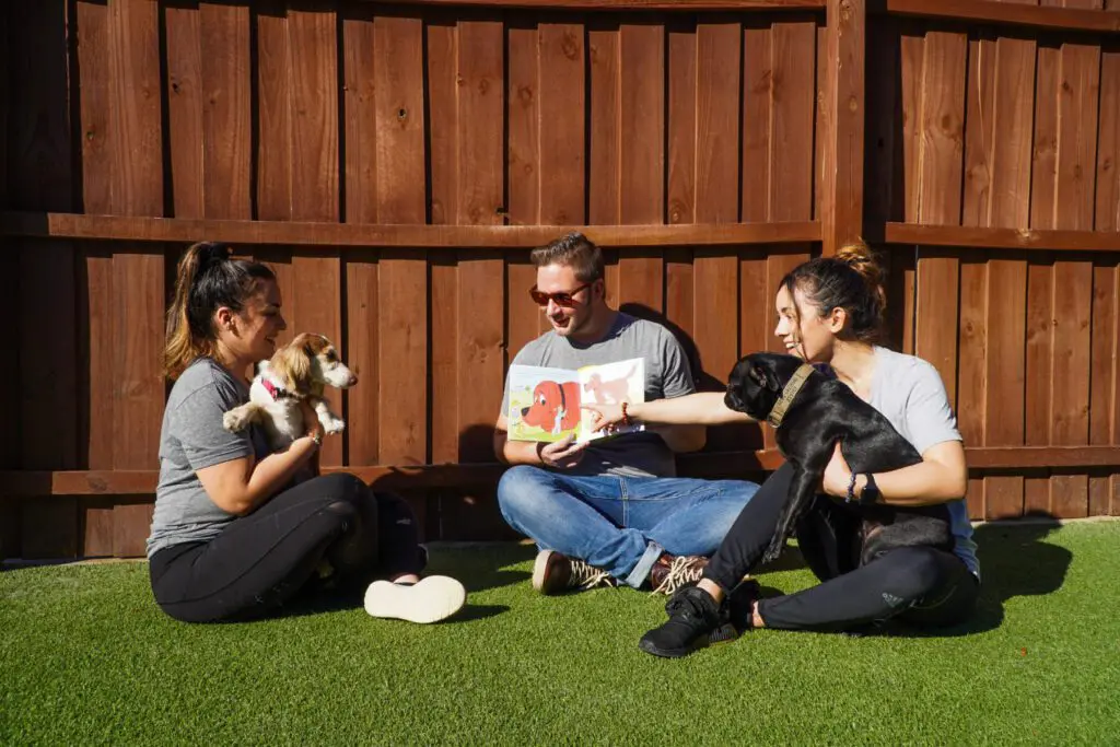 Three people sitting on grass with two dogs and a book.